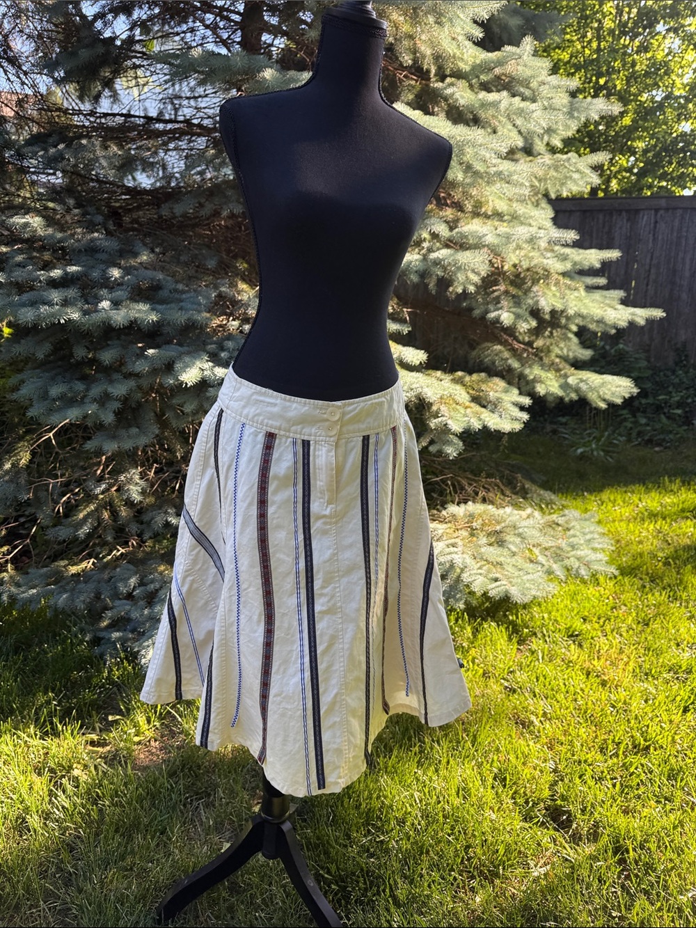 Oilily Cream A-Line Skirt with Navy and Burgundy Vertical Stripes